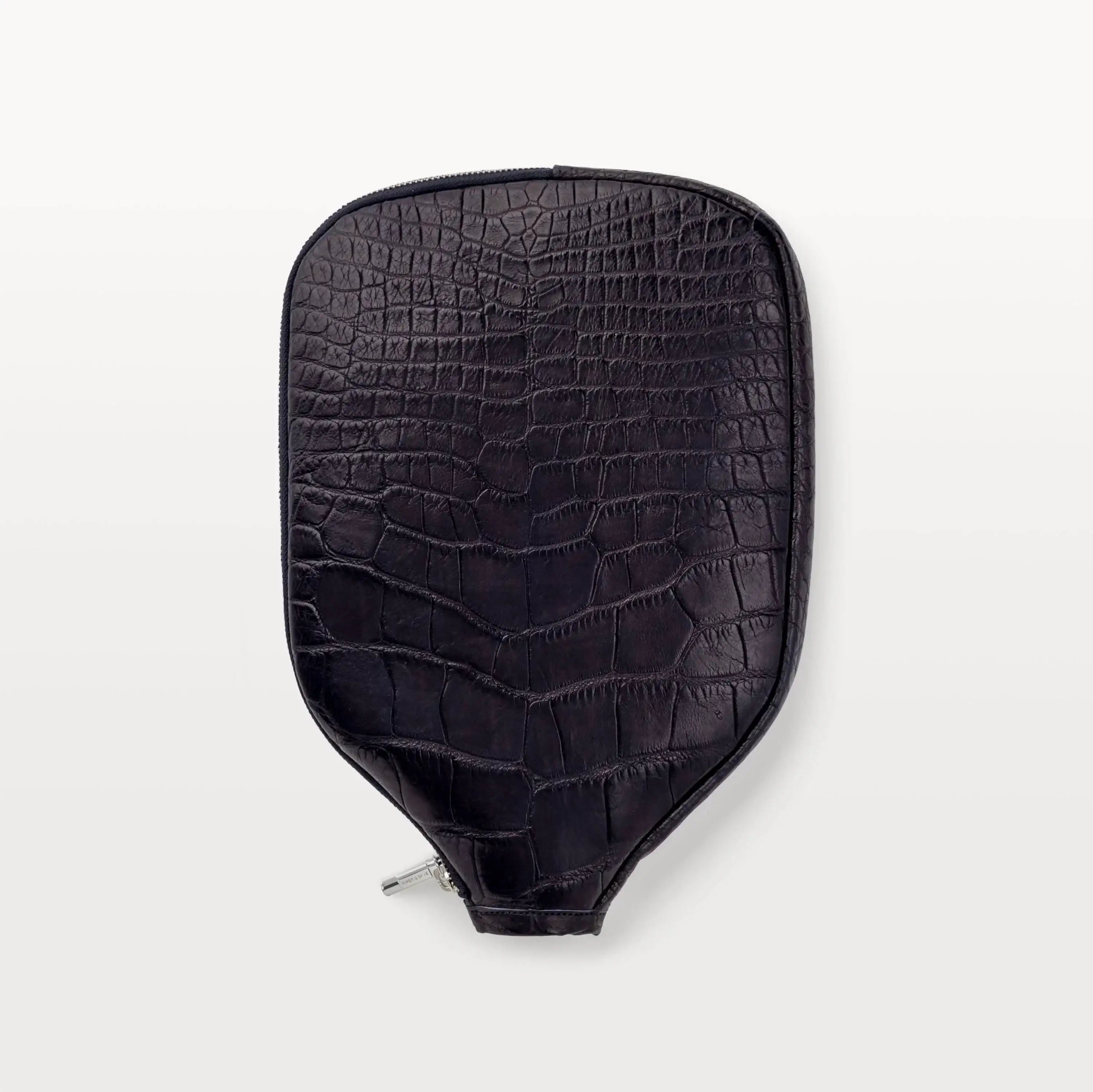 Back side of Ace Pickleball Paddle Cover showing the glossy black alligator material and silver zipper pull.