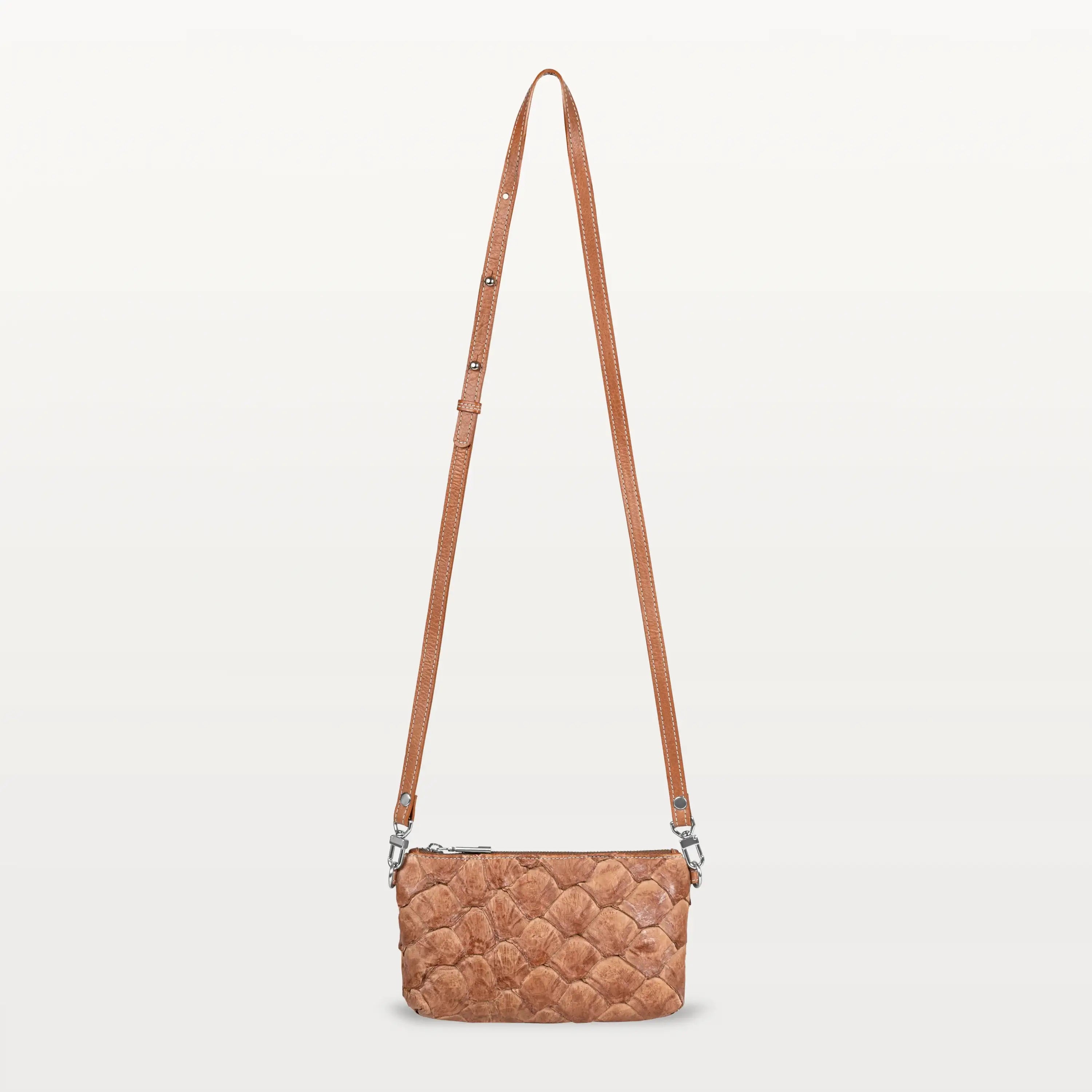 Boca Crossbody in Cognac Pirarucu — front view showing structured silhouette