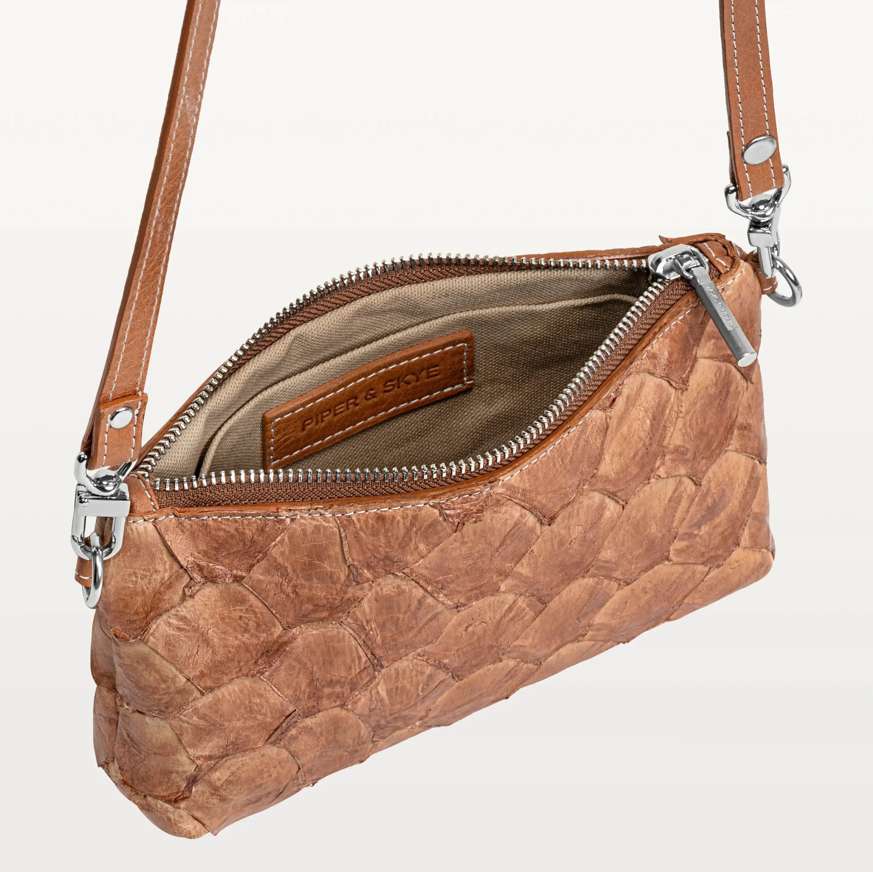 Cognac Pirarucu Boca Crossbody — back view with adjustable strap detail