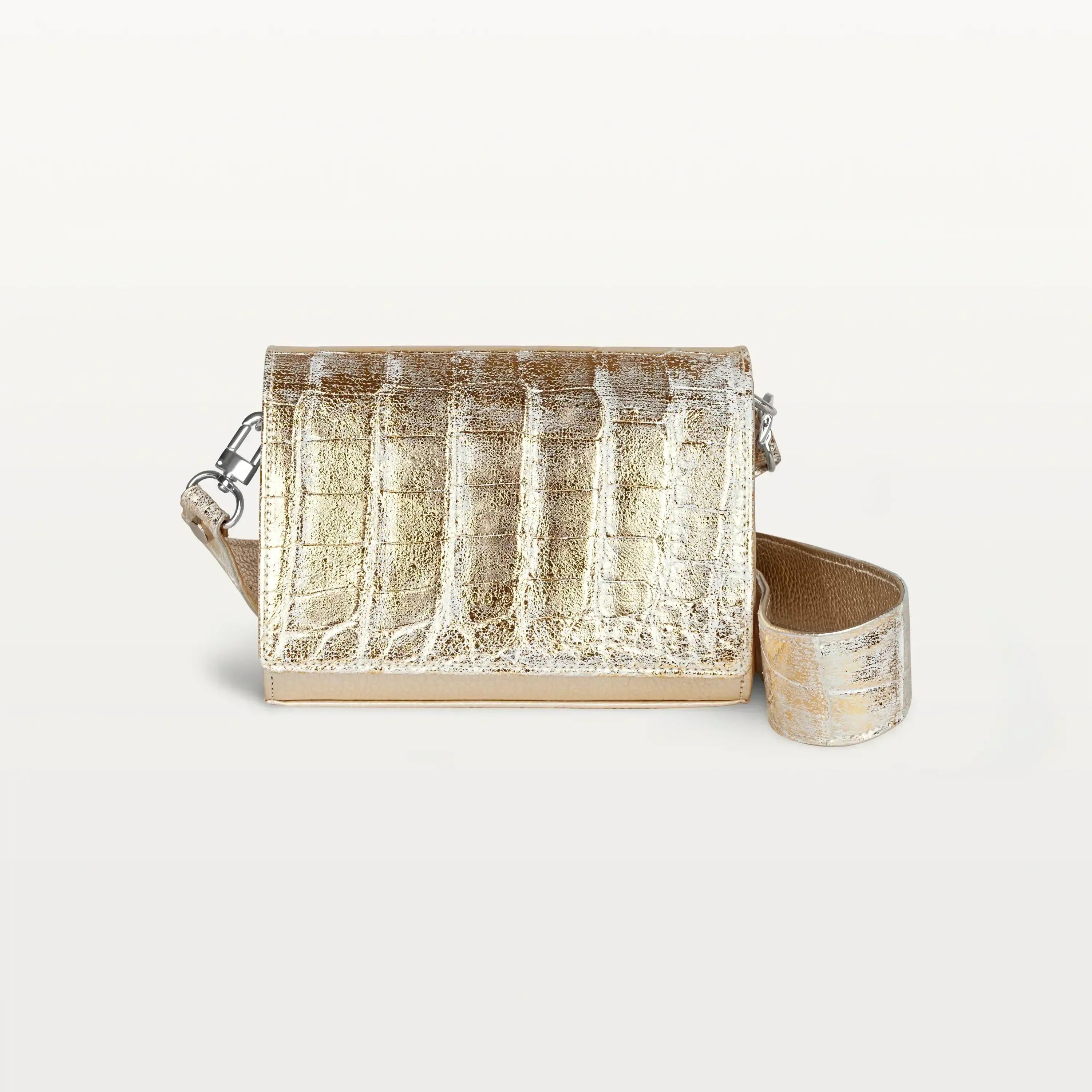 Rectangular metallic gold Lola crossbody bag in alligator with detachable strap and silver hardware.