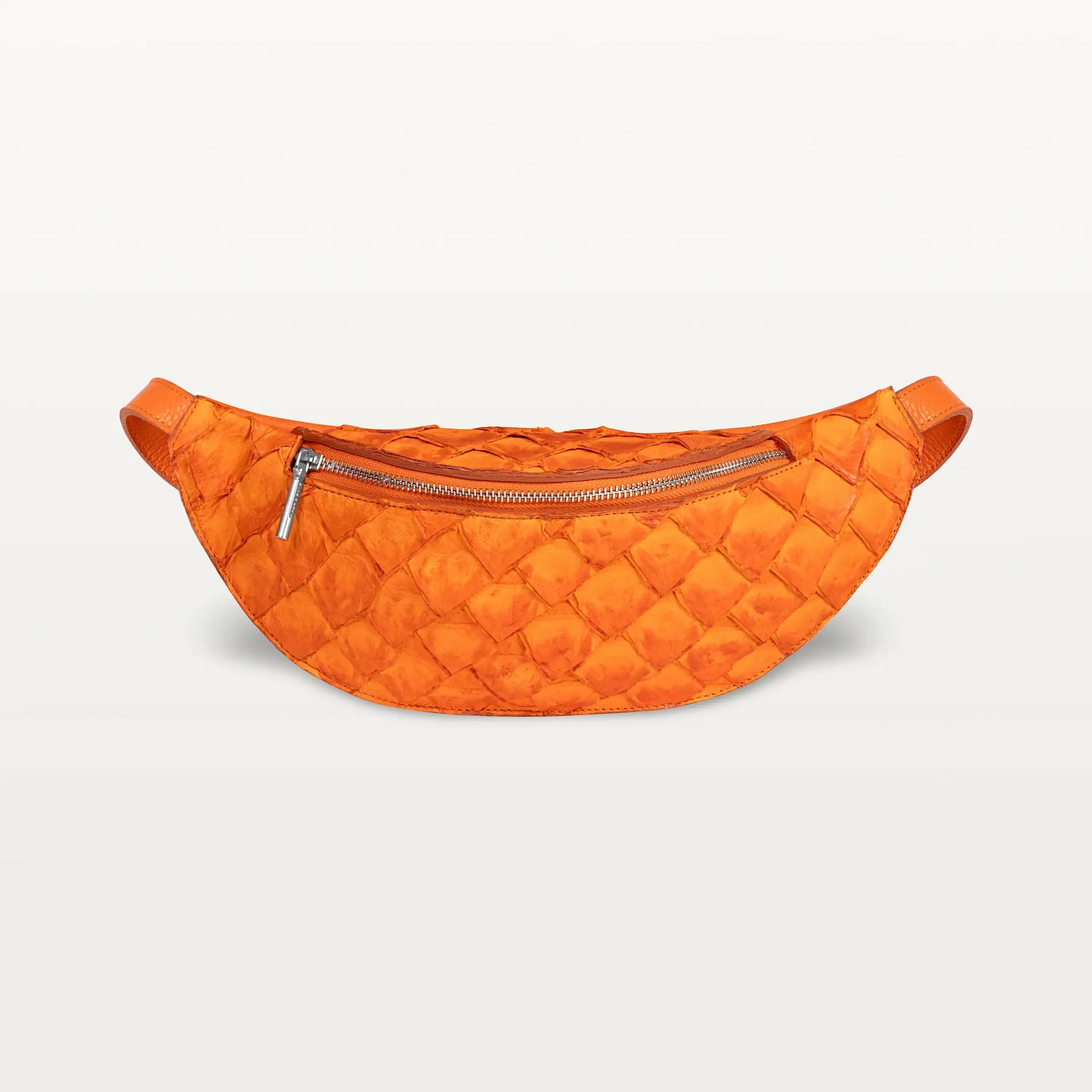 Front view of the Mac Pack belt bag in orange Pirarucu fish leather with a silver zipper and curved body shape.