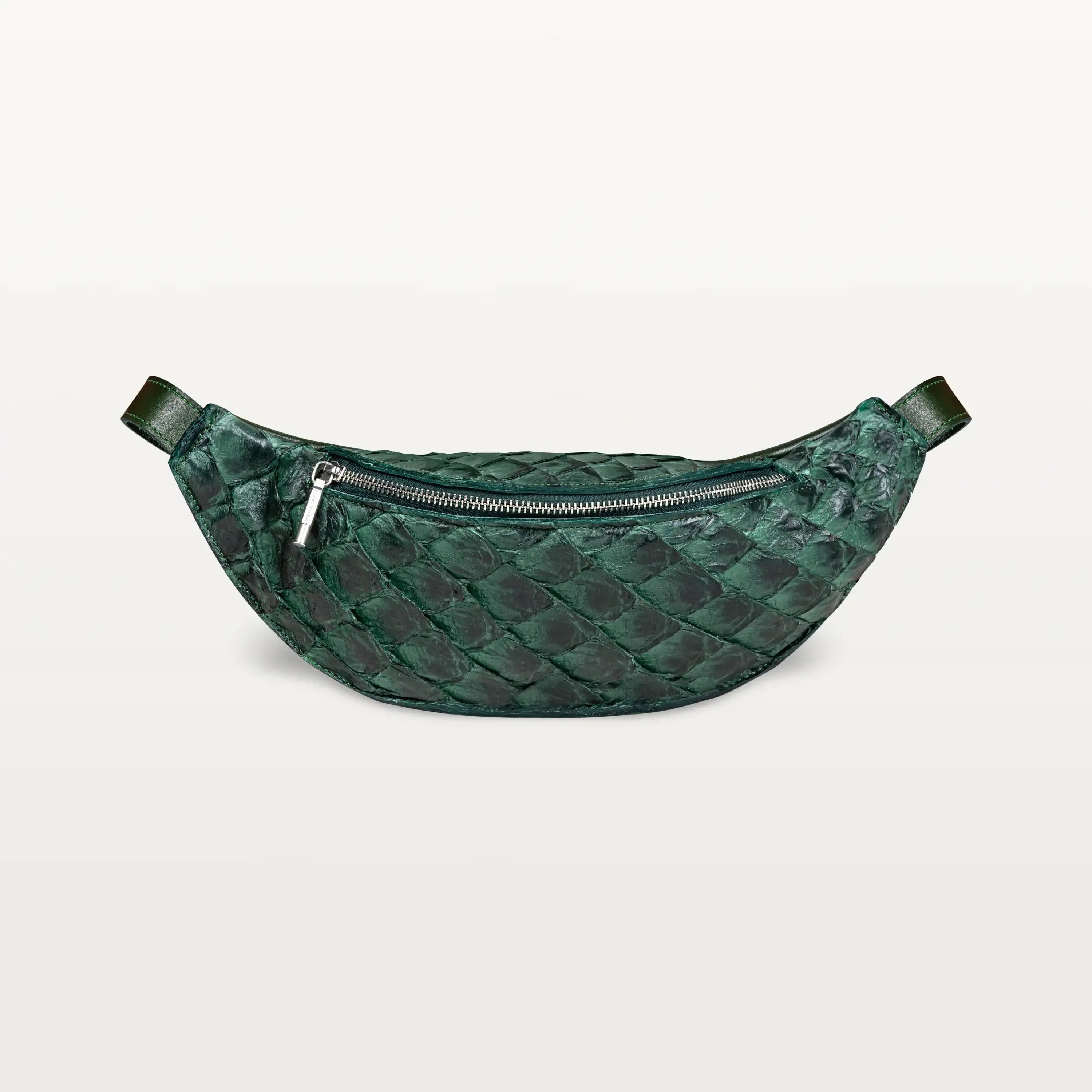 Front view of the Mac Pack belt bag pouch in verdant green Pirarucu fish leather with a silver zipper and curved body shape.