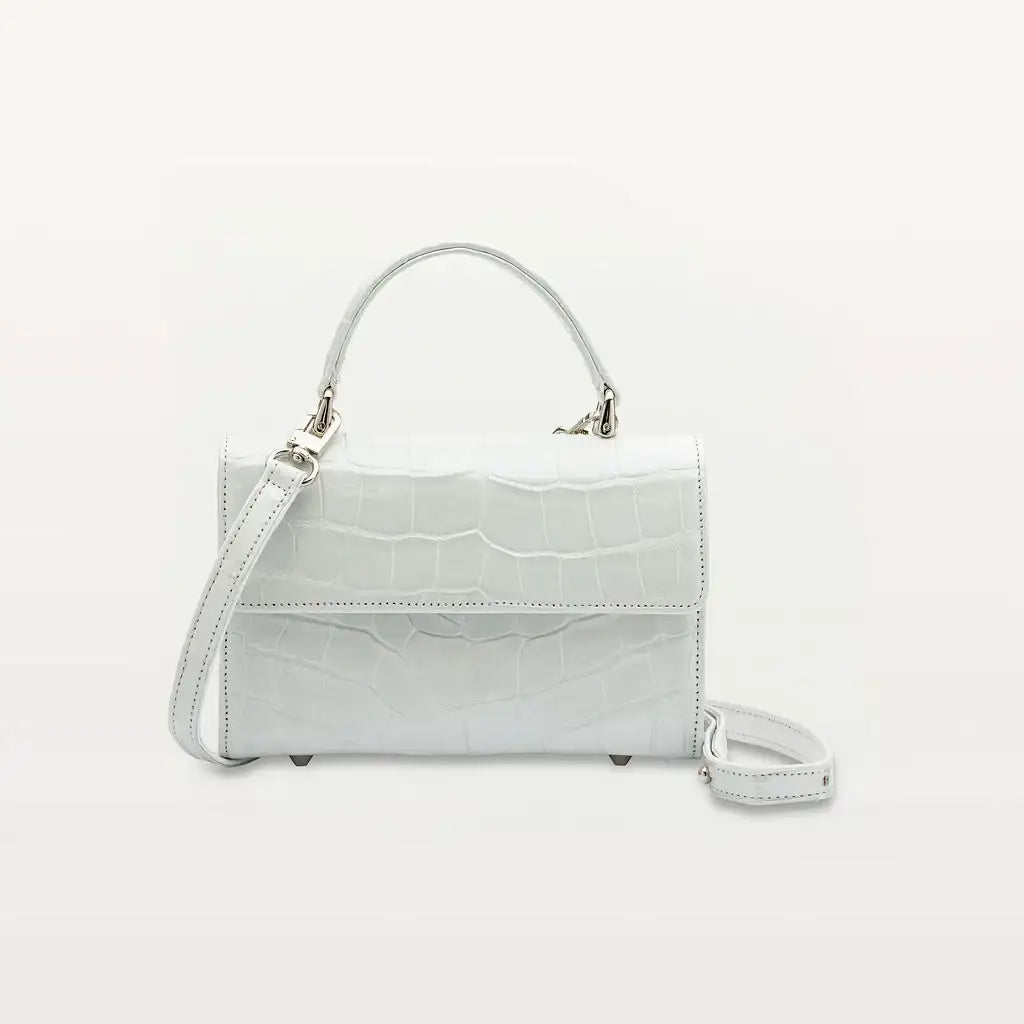 Piper & Skye's sustainable leather Soho Top Handle handbag in Moonstone White wild american alligator.