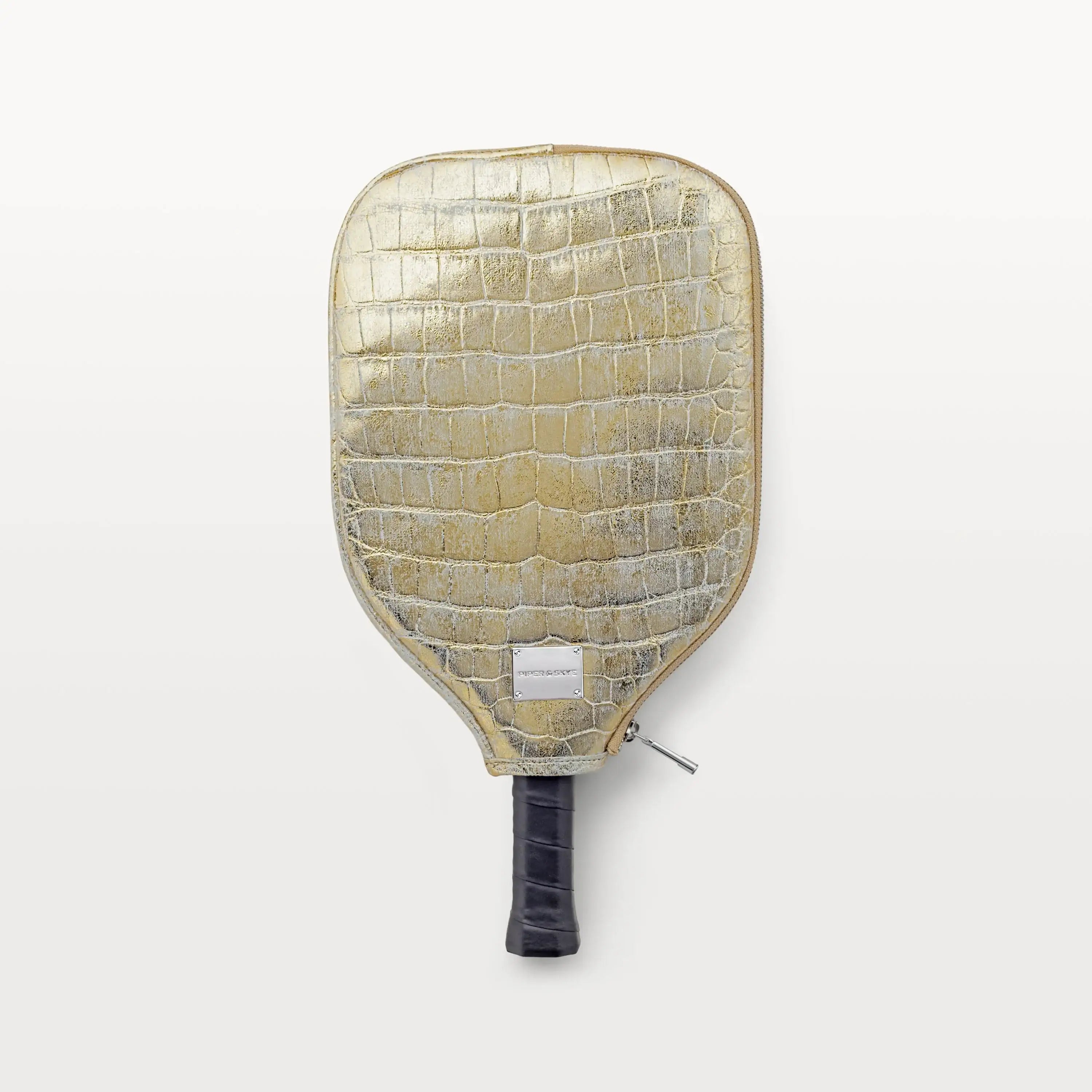 Victory Luxe Pickleball Paddle Cover made from metallic gold alligator leather with silver Piper & Skye name plate and silver zipper.