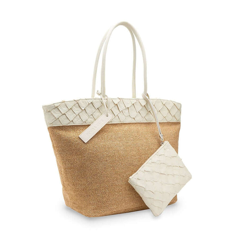 Rio Raffia Beach Bag - Clay White Pirarucu and Camel Raffia