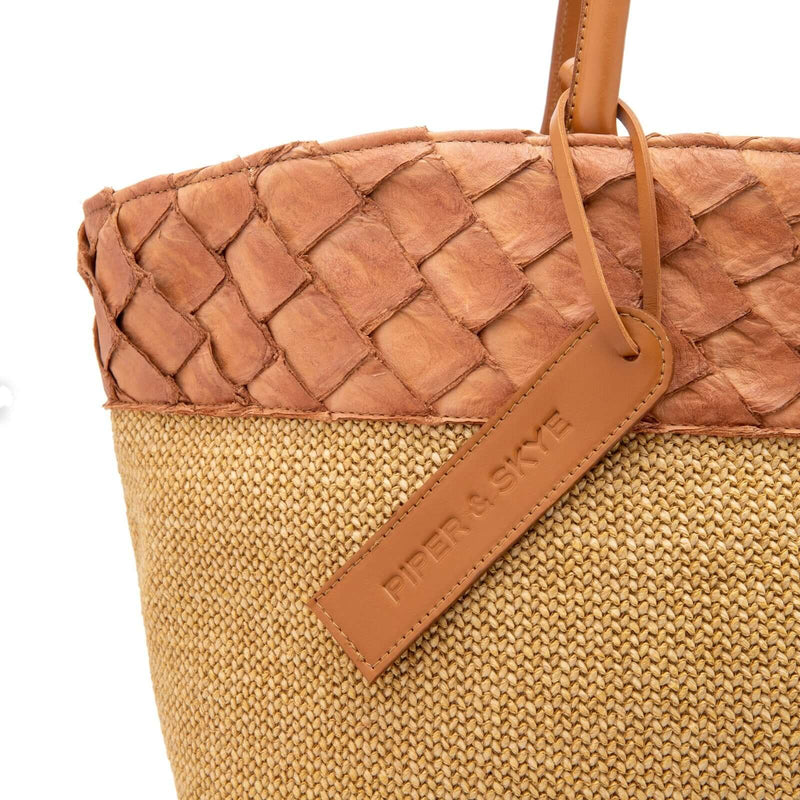 Rio Raffia Beach Bag - Cognac Pirarucu and Camel Raffia