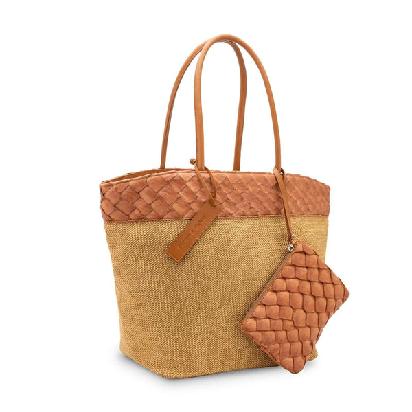 Rio Raffia Beach Bag - Cognac Pirarucu and Camel Raffia