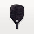 Ace Pickleball Paddle Cover made from glossy black alligator leather with silver Piper & Skye name plate and silver zipper. 