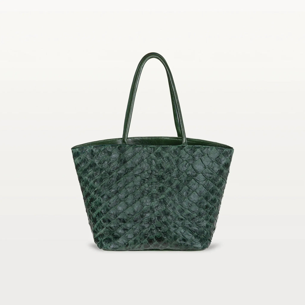 The Delray Shopper in verdant green pirarucu leather, a large tote bag with a unique fish scale texture and two top handles. 