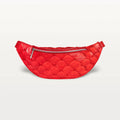 Front view of the Mac Pack belt bag crossbody in red Pirarucu fish leather with a silver zipper and curved body shape.