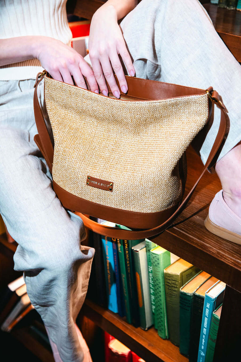 Valencia Shoulder Bag - Cognac Leather - Camel Raffia