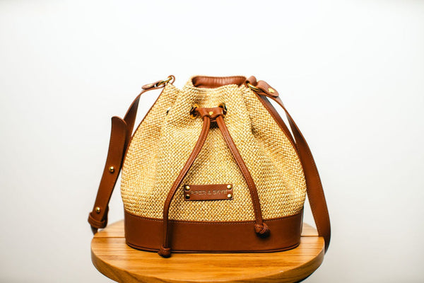 Malaga Bucket Bag - Cognac Leather - Camel Raffia