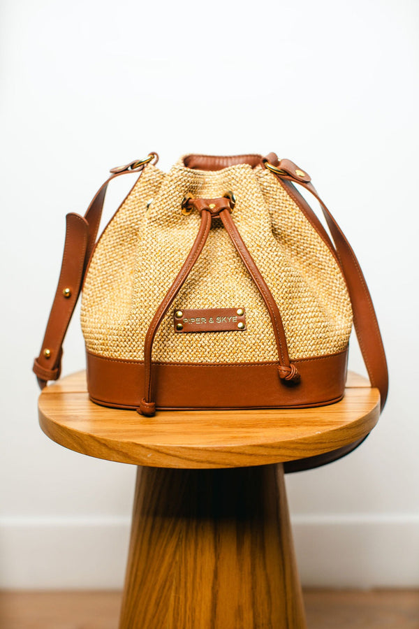 Malaga Bucket Bag Petite - Cognac Leather - Camel Raffia
