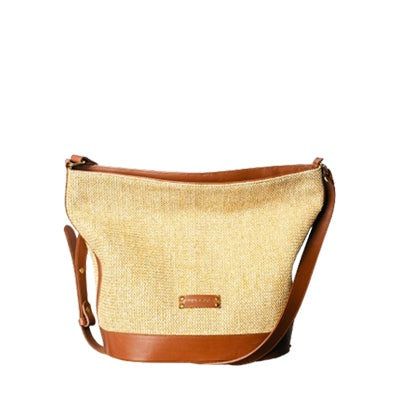 Valencia Shoulder Bag - Cognac Leather and Camel Raffia