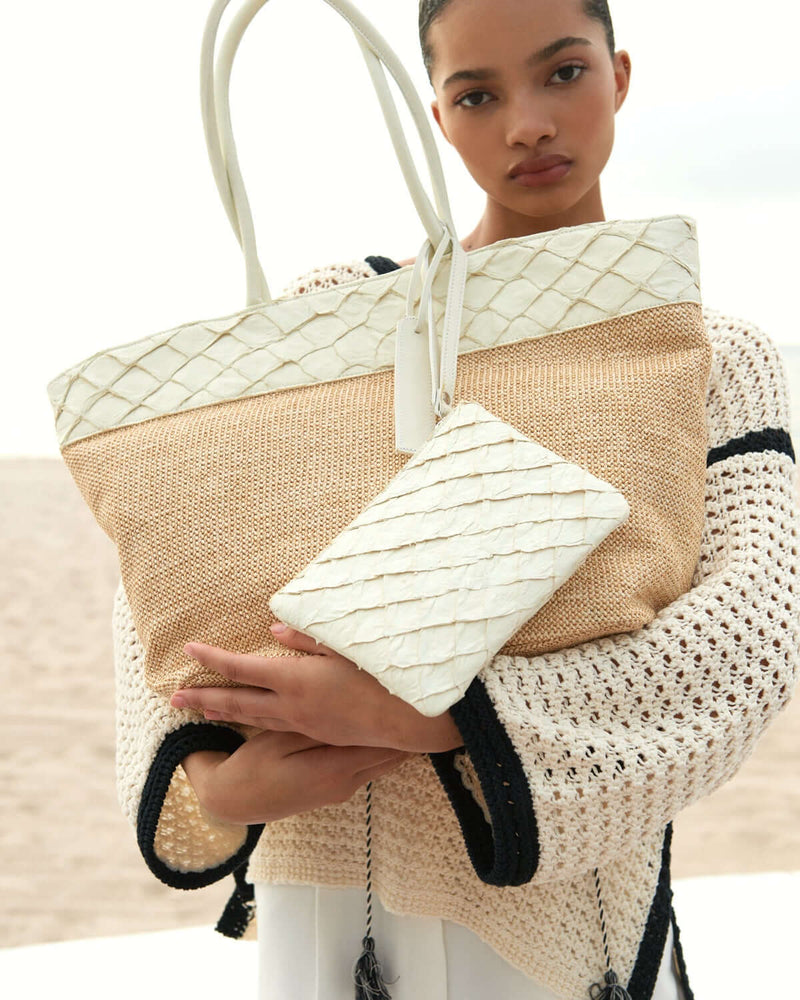 Rio Raffia Beach Bag - Clay White Pirarucu and Camel Raffia