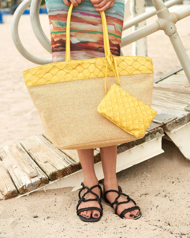 Rio Raffia Beach Bag - Honey Yellow Pirarucu - Camel Raffia