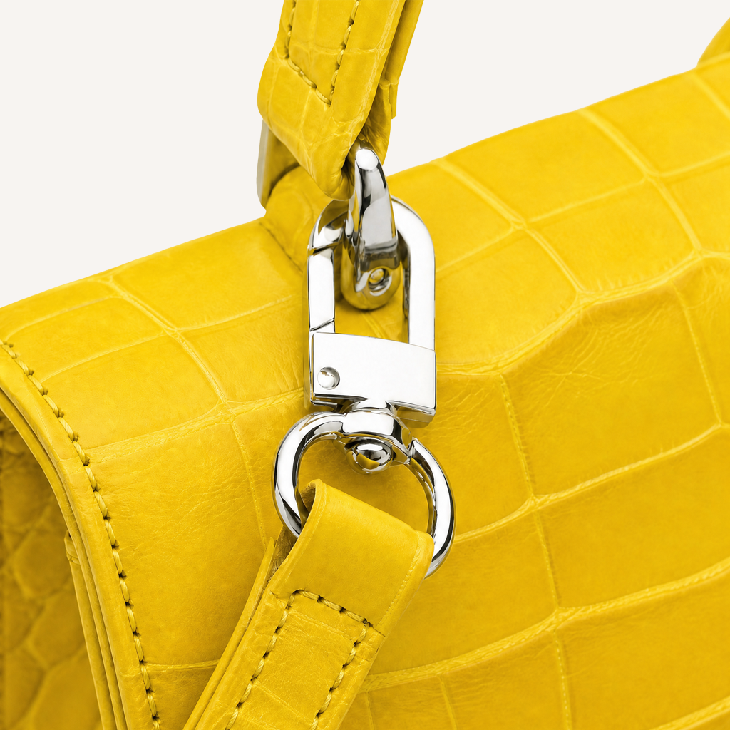 hardware close up of piper & skye's sustainable luxury canary yellow soho top handle handbag