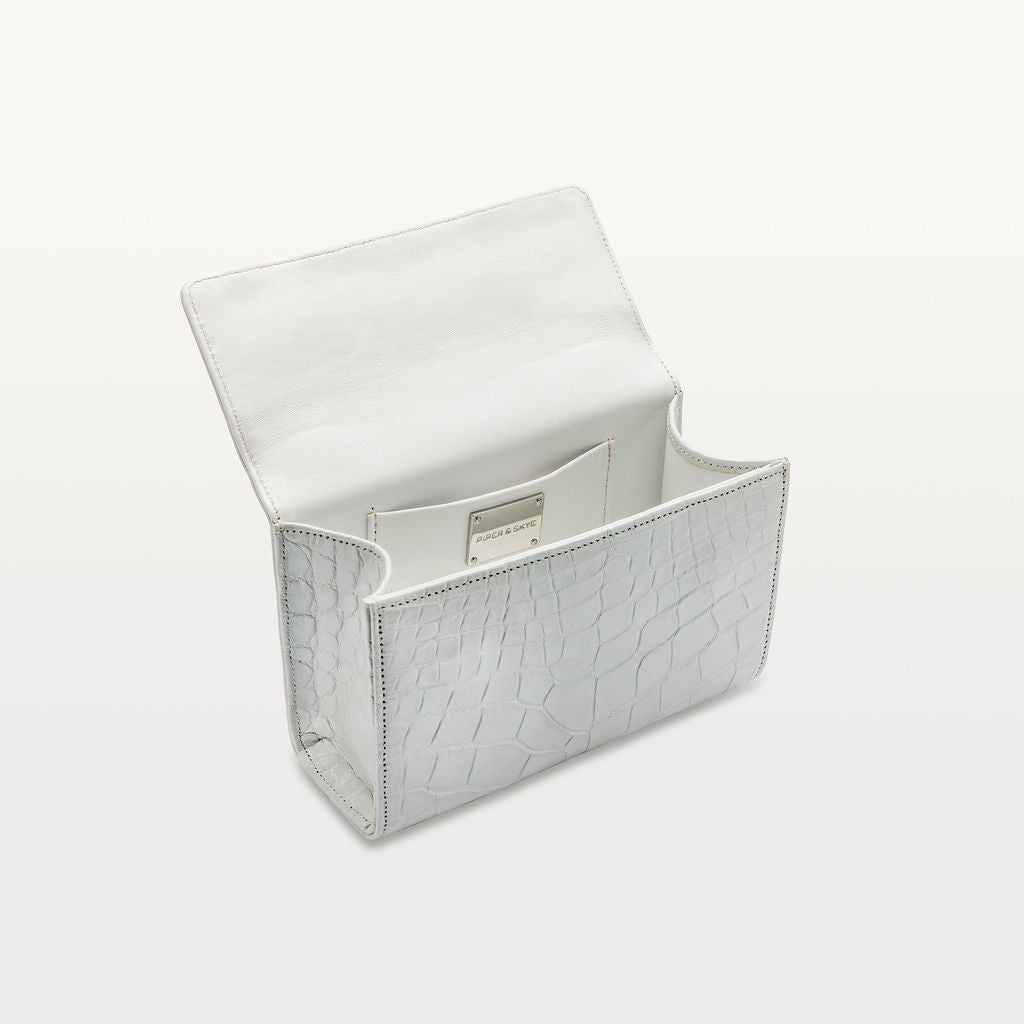 Interior view of sustainable leather Soho Top Handle crossbody handbag in Moonstone White from Piper & Skye.
