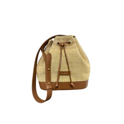 Malaga Bucket Bag Petite - Cognac Leather and Camel Raffia